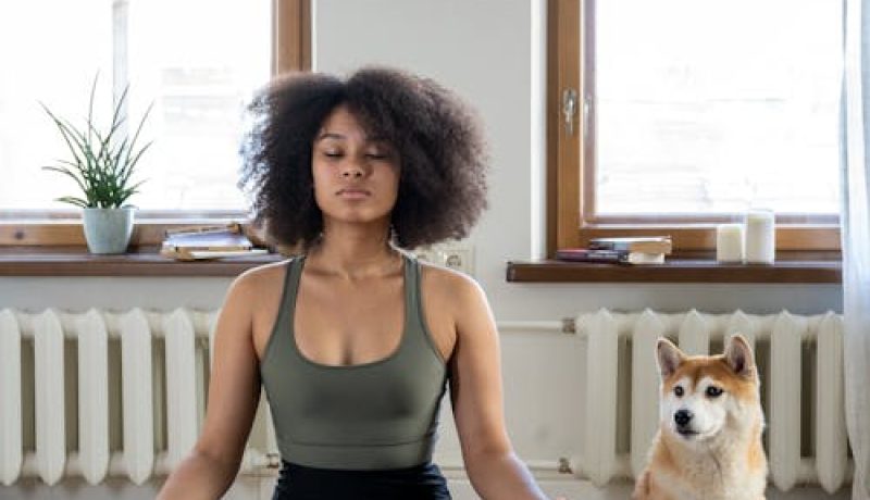 Femme méditant avec son chien - lithothérapie pour animaux